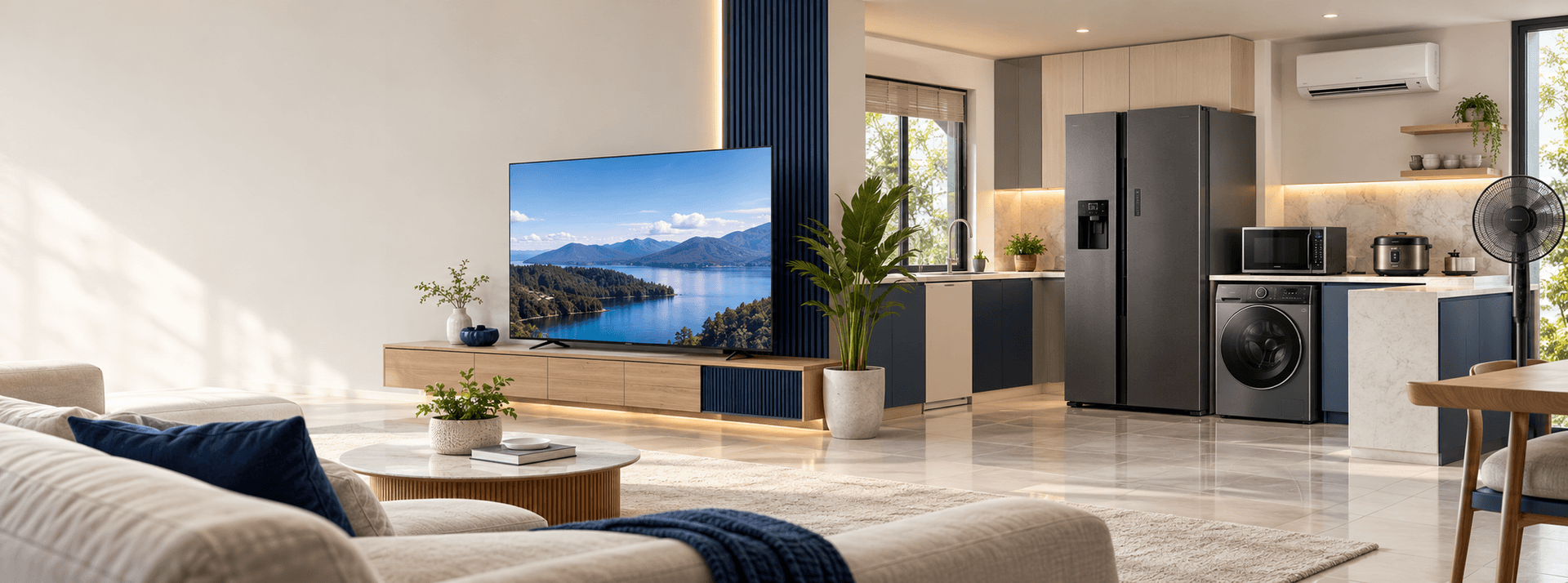 A modern home fitted with television, refrigerator, washing machine and kitchen appliances